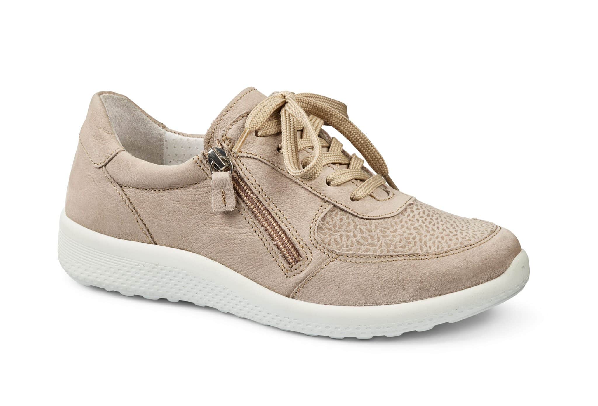 Bekväm beige dam-sneaker med zipp och snörning för vardagskomfort.