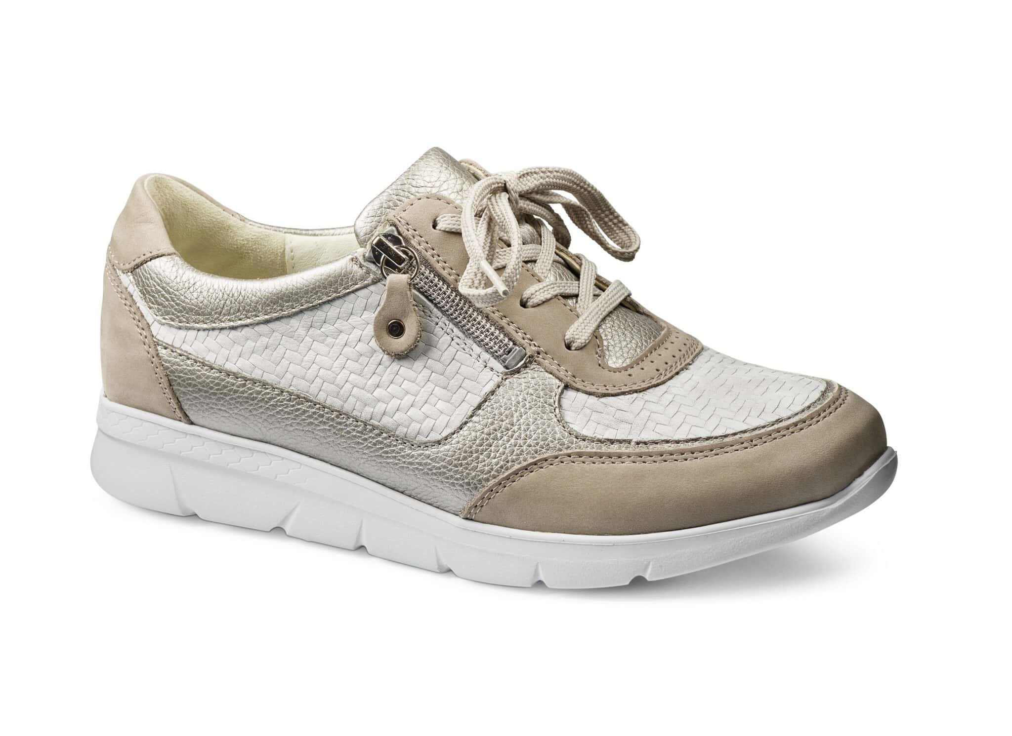 Dam sneakers i beige och silver med snörning och zipp.