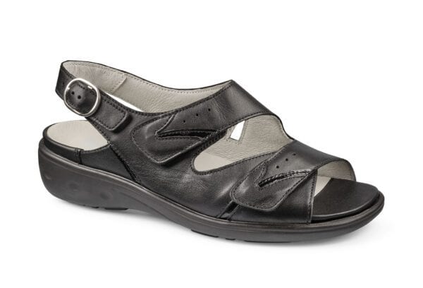 Komfortabel svart sandal med justerbar rem och gummisula för kvinnor.