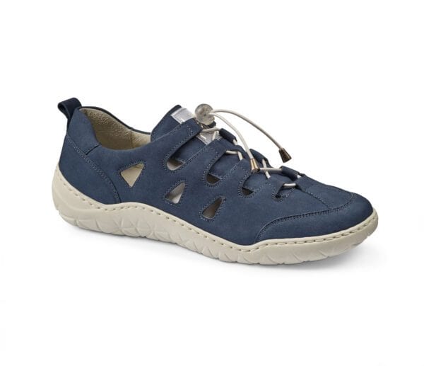 Bekväm blå sandal med elastiska öppningar och snörning för perfekt passform.