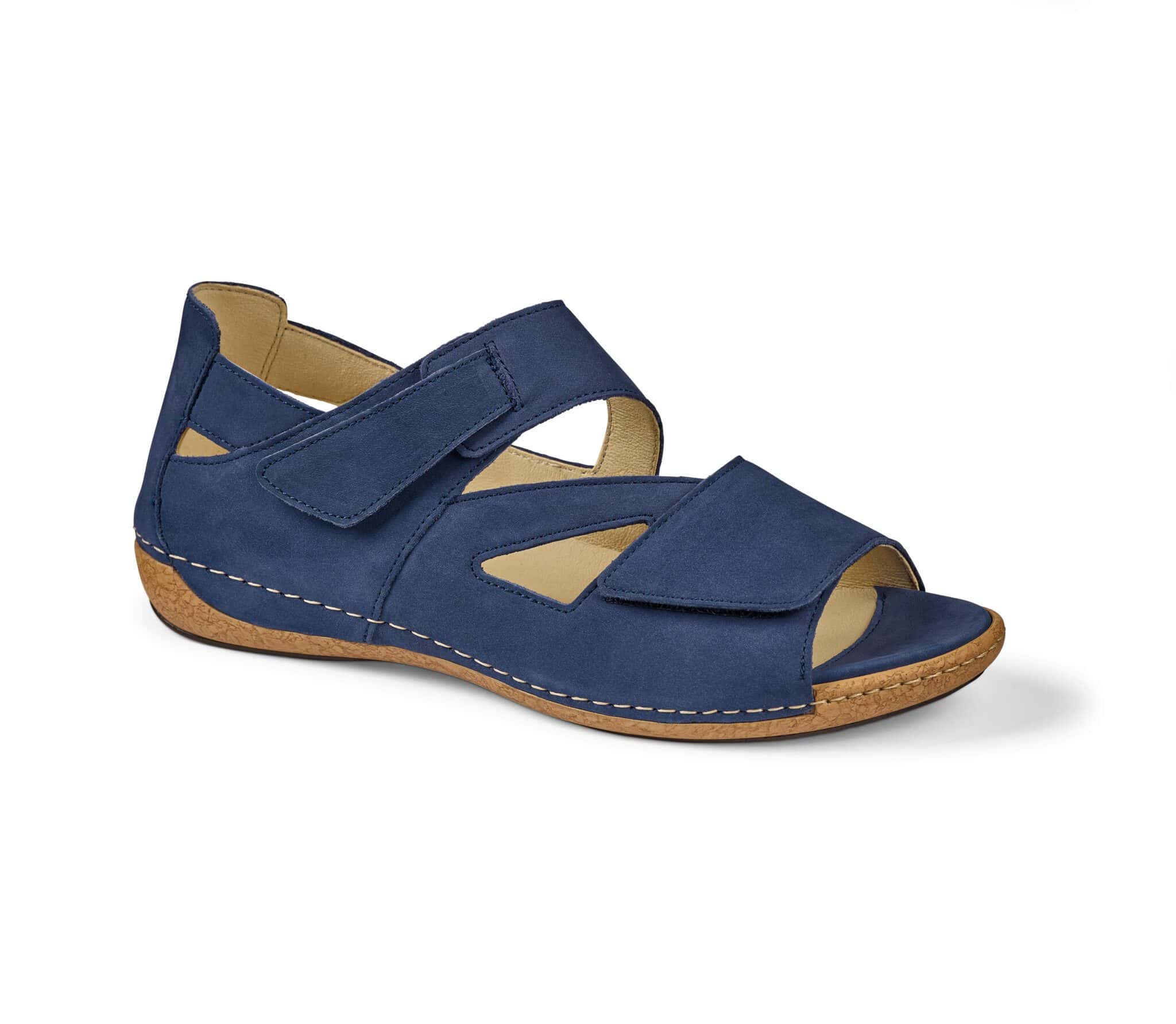 Vristad sandal i blått med öppna sidor och kardborreband för komfort och stil.