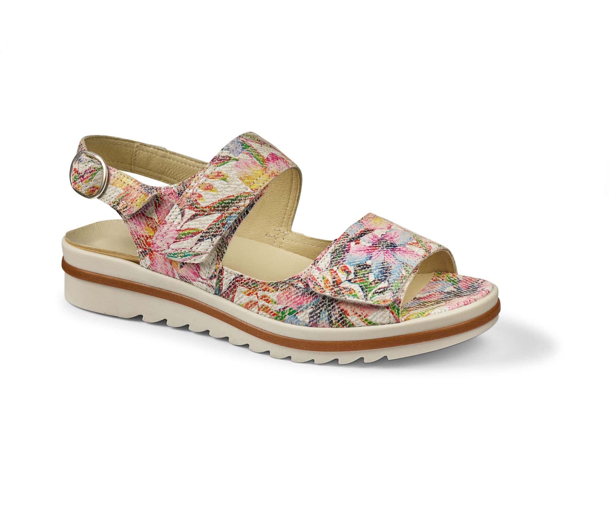 Dam sandal med blommig mönster och bekväm sula.