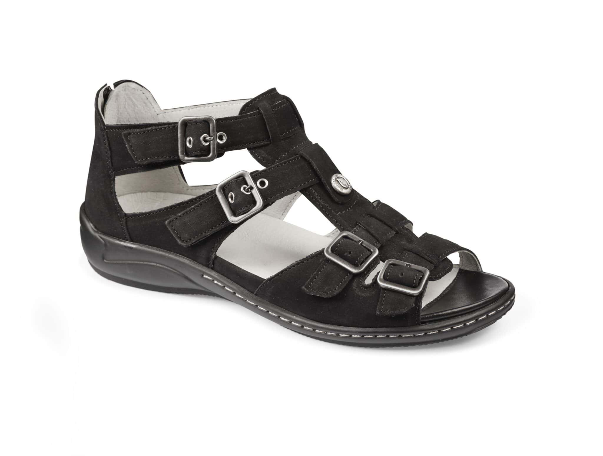 Svart sandal med flera justerbara remmar och öppen tå, bekväm för sommardagar.