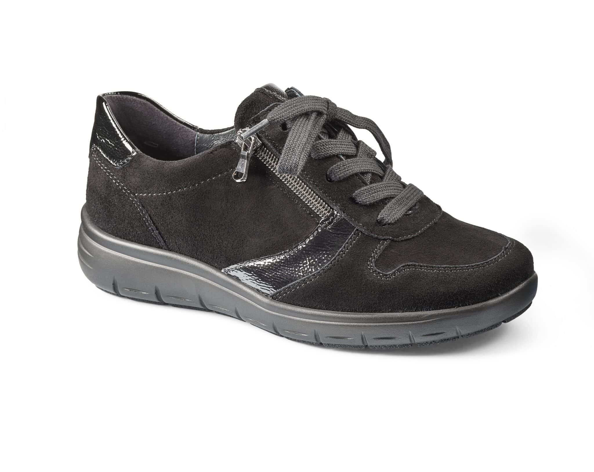 Svart bekväm dam-sneaker med snörning och dragkedja för vardagskomfort.
