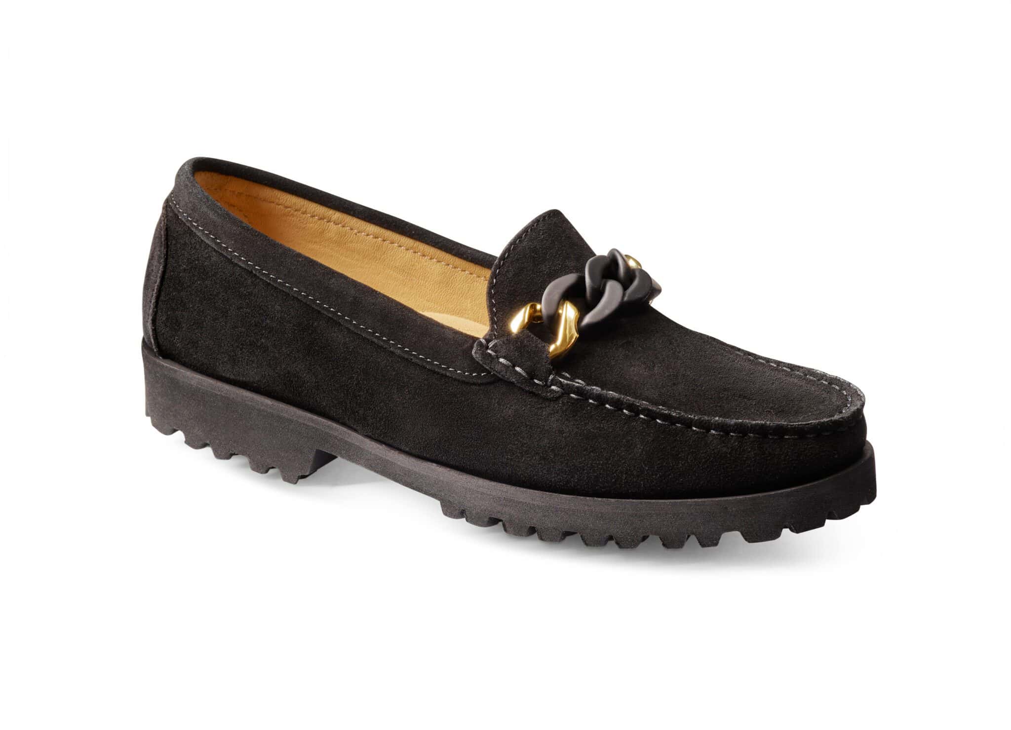 Svart loafers med kedja för dam, bekväma och stilrena.