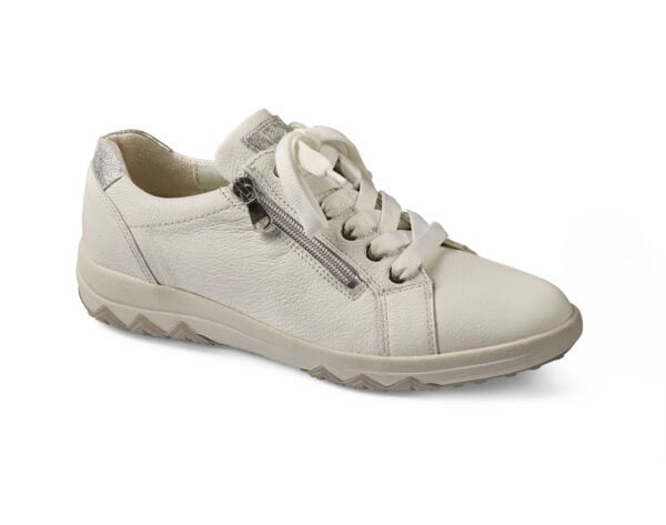 Vit dam sneakers med sidoförvaringsficka och vita snören.