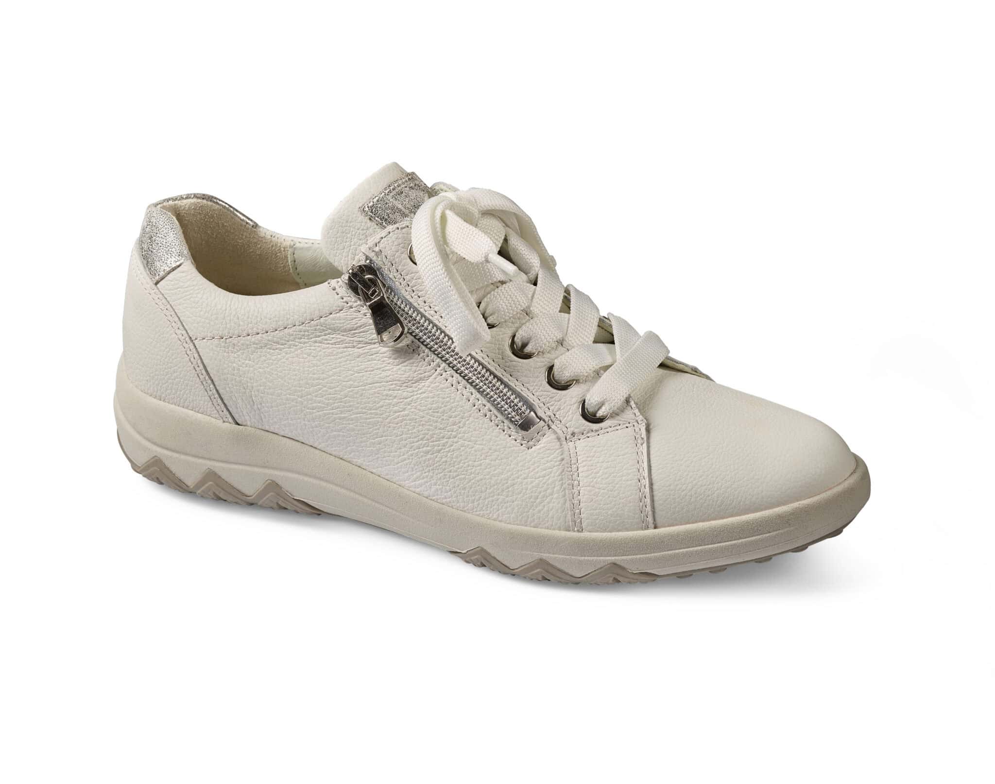 Vit dam sneakers med sidoförvaringsficka och vita snören.