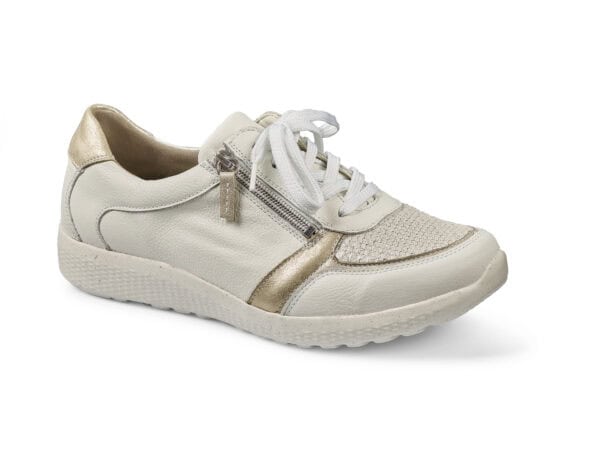 Vit och guld dam sneakers med sidoförvarning och snörning.