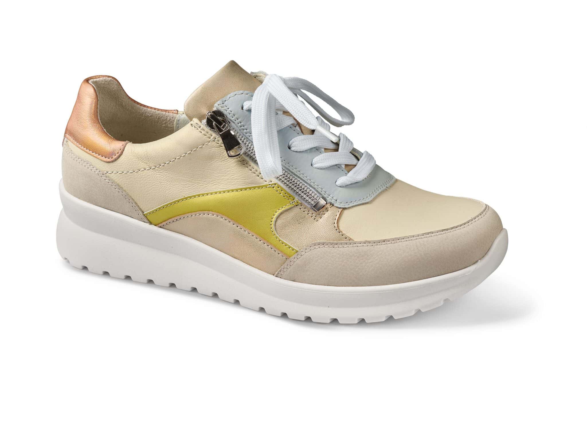 Lågskor för kvinnor i beige, vitt och gult med bekväm sula och snörning.
