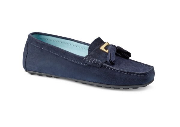 Dam loafers med tofs och gulddetalj i mörkblått.