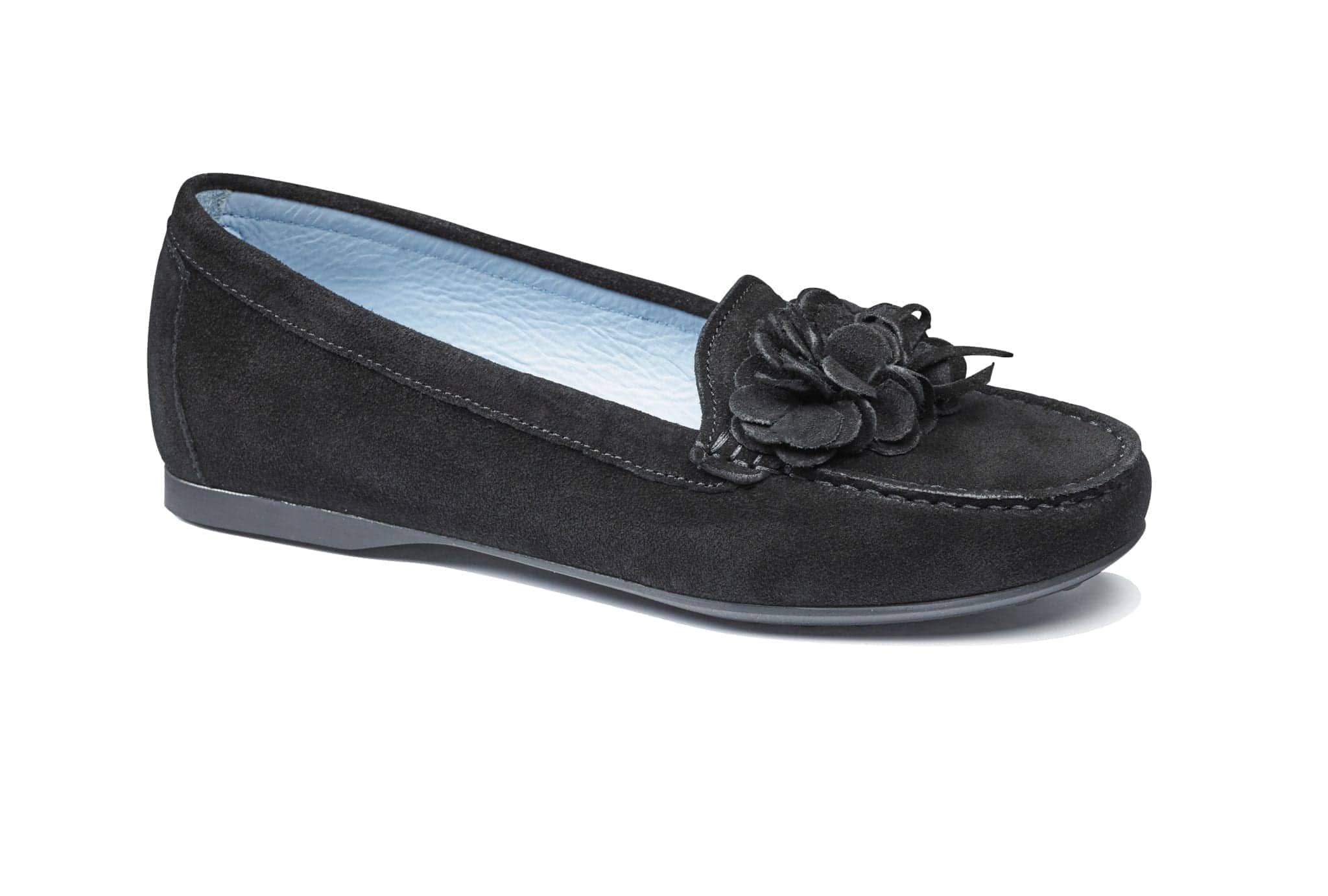 Svart damballerina med blomdekoration, bekväma och stilrena skor för kvinnor.