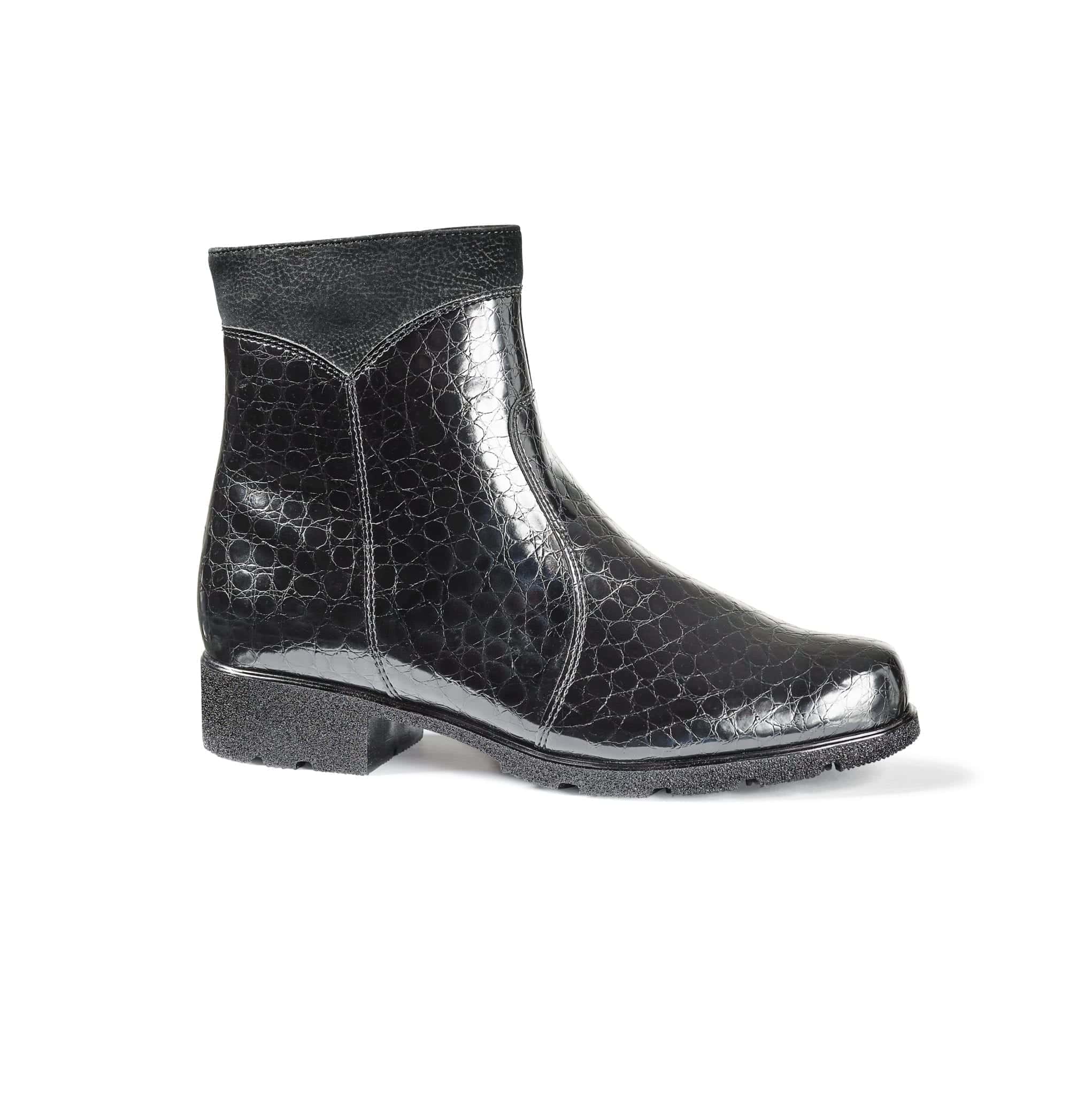 Damstövel i svart krokodilmönstrad skinn för komfort och stil.