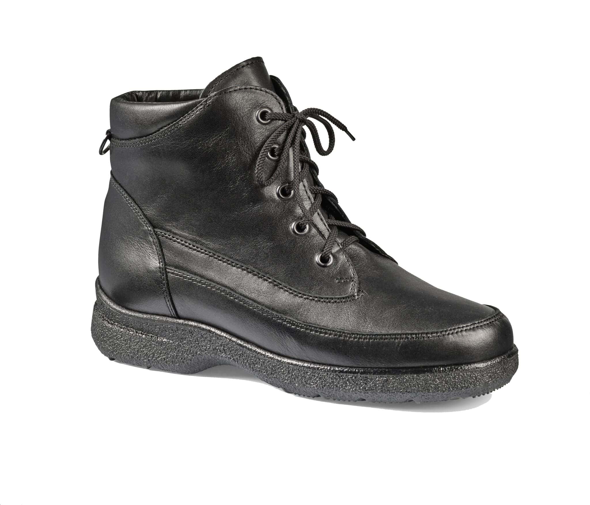 Elegant svart läderkänga med snörning och slitstark sula.