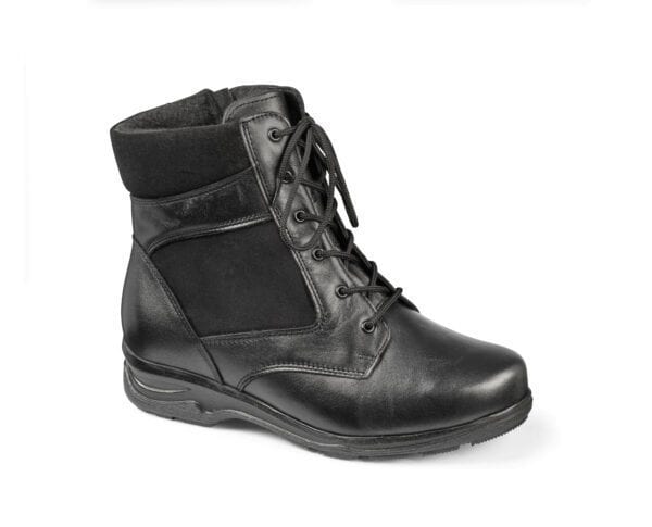 Svart damstövlar i skinn med snörning och vadderad krage.