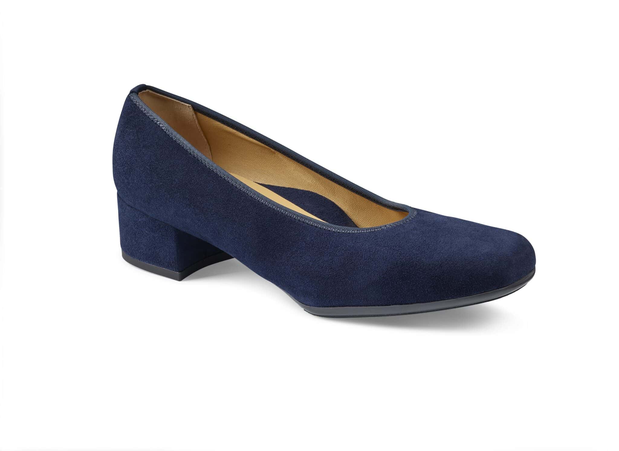 Damskor i blå mocka med låg klack för komfort och stil.