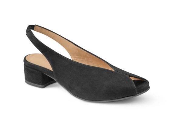 Svarta kvinnors vardagsskor med öppen tå och låg klack.