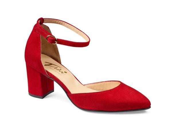 Röd damsko med klack och ankelrem, elegant design för kvinnor.