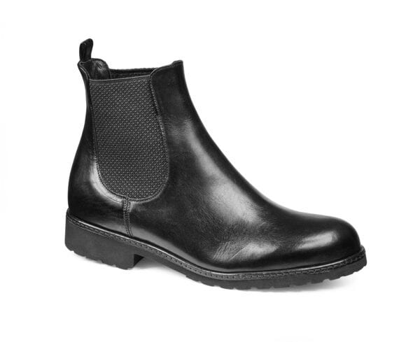 Svart läderstövel för dam med elastisk sida och robust sula.