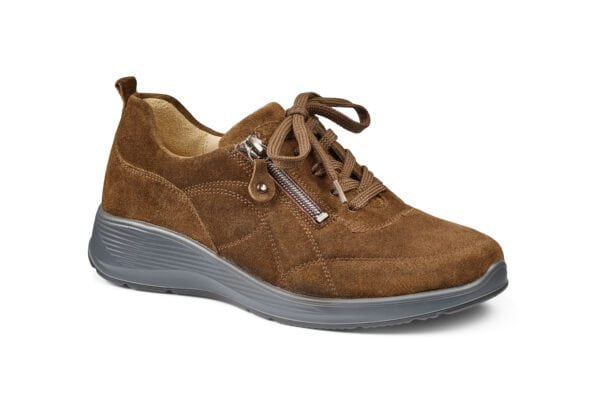 Komfortabel brunt dam-sneaker i mocka med snörning och dragkedja.