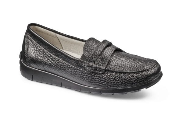 Svart skinnskor för kvinnor med bekväm sula och klassisk design.