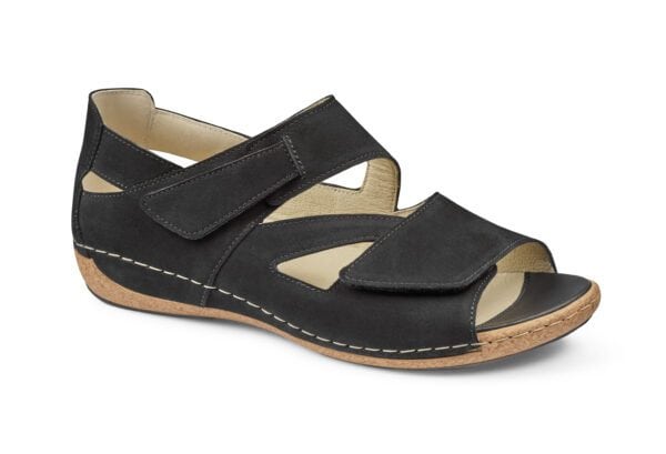 Komfortabel svart sandal med justerbara remmar och korksula för kvinnor.