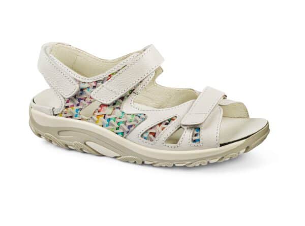 Barnsandaler i vitt med färgglada detaljer och kardborrband, bekväma för sommaren.