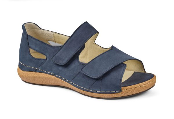 Komfortabel blå sandal med två justerbara remmar och gummisula.