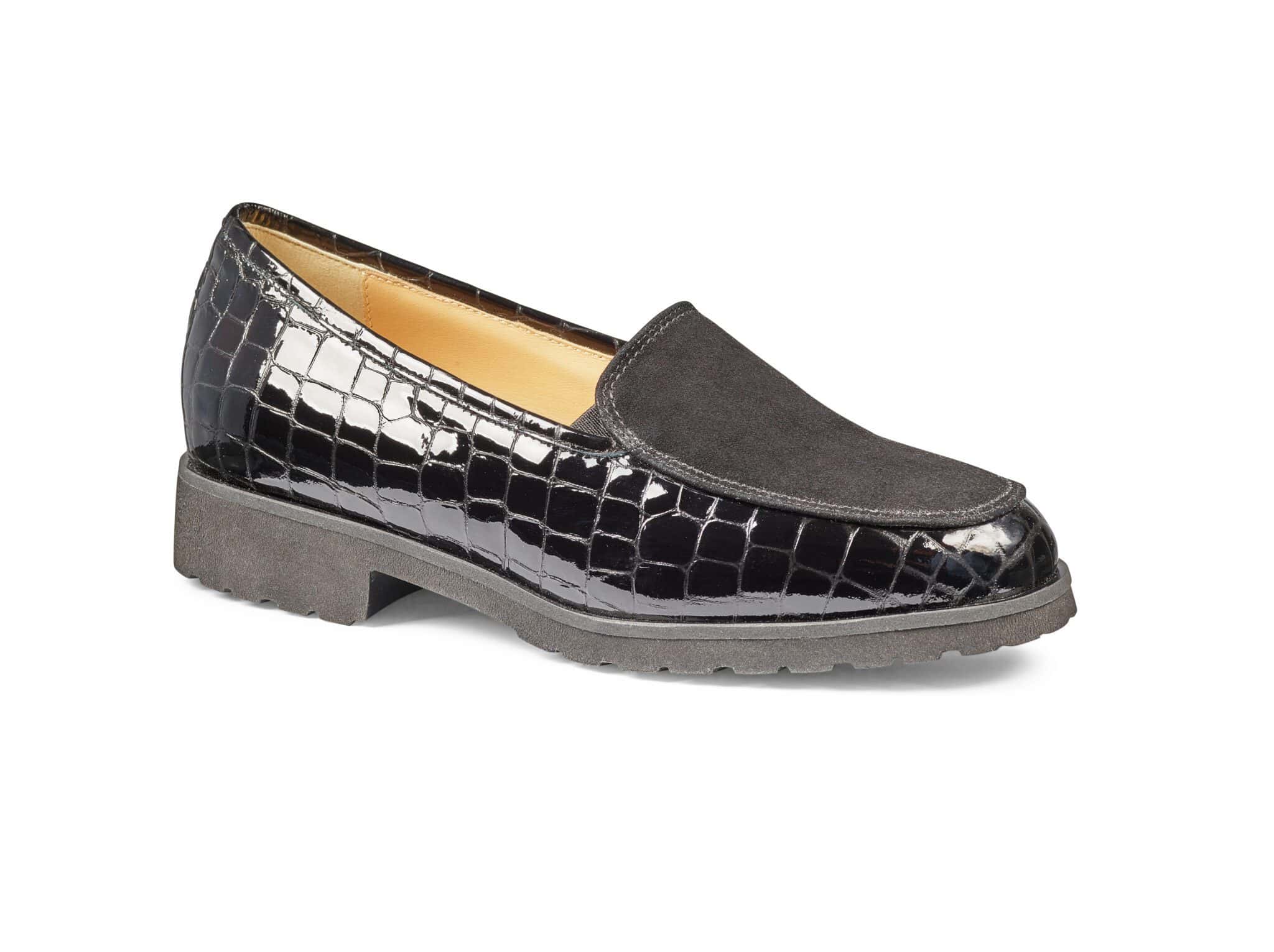 Damtofflor i svart med krokodilmönster och bekväm sula.