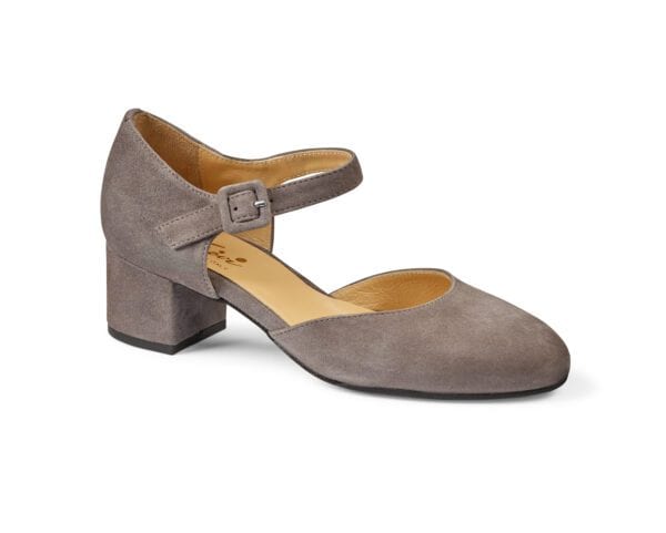 Bekväm damtoffel med låg klack och justerbar rem i grått läder.