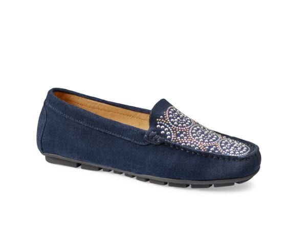 Damtofflor med dekorativa pärlor och bekväm sula i mörkblått.