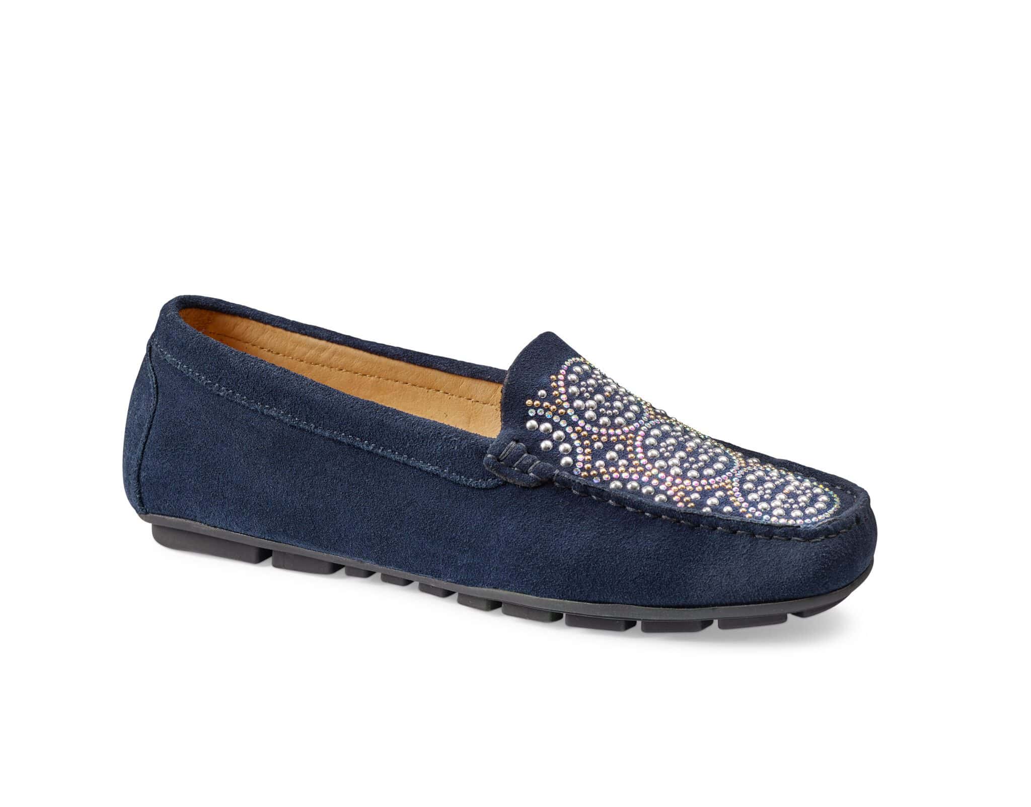 Damtofflor med dekorativa pärlor och bekväm sula i mörkblått.