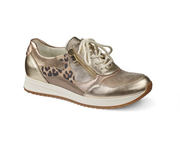 Dam sneakers i metallic och leopardmönster, bekväma och stilrena.