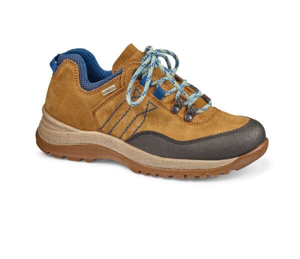 Vandringskänga i brunt och blått med robust sula och snörning.