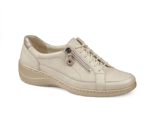 Bekväm beige dam-sko med dragkedja och snörning för vardagskomfort.