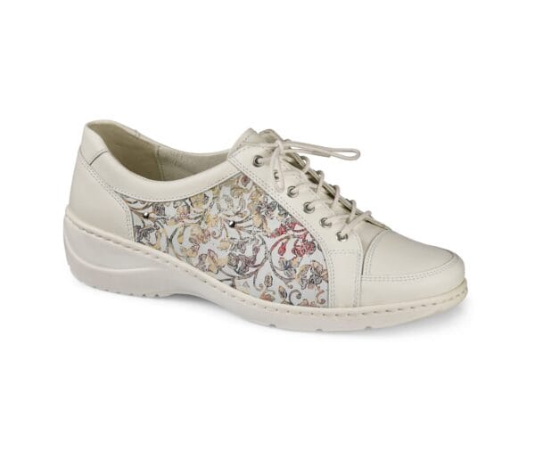 Vit dam sneakers med blommönster och bekväm sula.