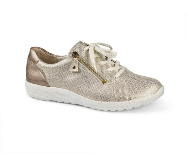 Ljusbeige dam sneakers med gulddetaljer och sidoförvaringsficka.