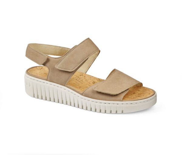 Bekväm beige sandal med kardborreband och korksula för kvinnor.
