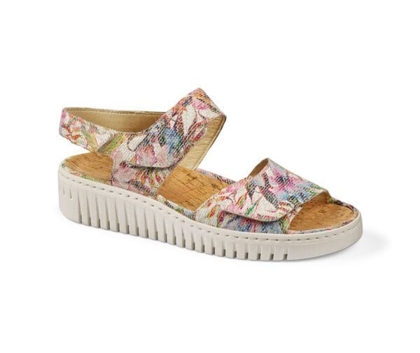 Sandaler med mönstrad textil och korksula, bekväma och stilrena för sommarbruk.