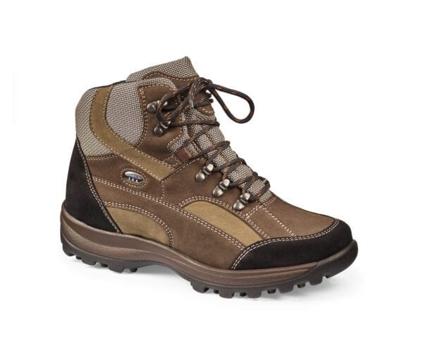 Vandringskänga i brunt och beige med robust sula och snörning.