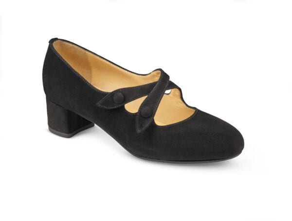 Svart damklack med band och rund tå, elegant och bekväm för vardag och fest.