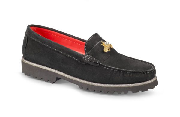 Svart loafers för kvinnor med guldbjällra och bekväm sula.