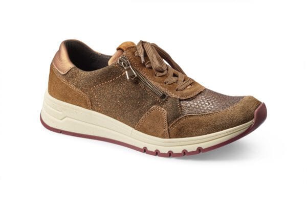 Bekväm brunsko med snörning och dragkedja för damkomfort.