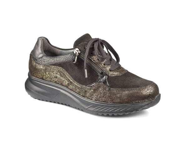 Vardagssko i svart och metallic, bekväma och stilrena för dam.