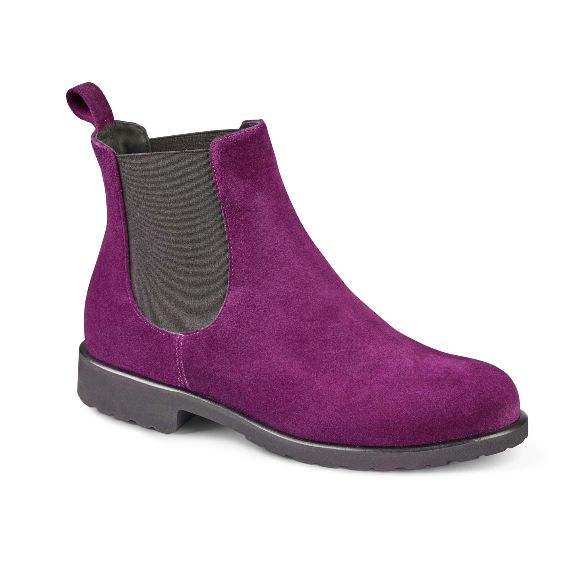 Lila mocka stövel för dam med elastisk sida och gummisula.