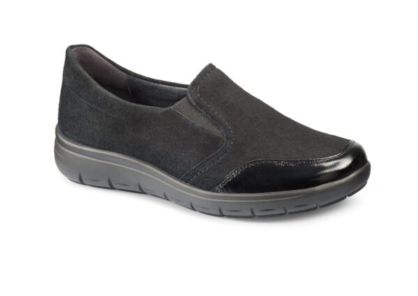 Svart bekväm damssko med gummisula och slät yta.