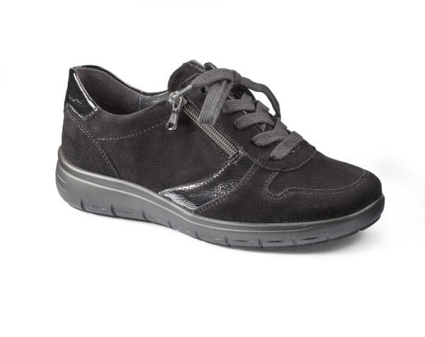 Svart bekväm dam-sneaker med snörning och dragkedja för vardagskomfort.