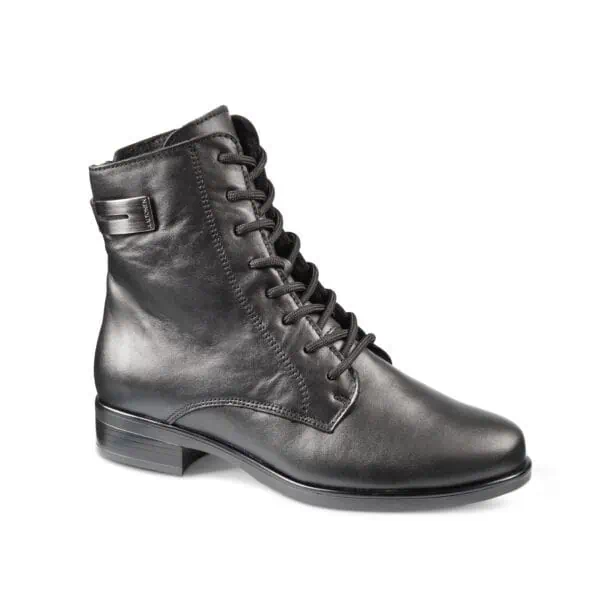 Svart läderstövel med snörning och låg klack för dam.
