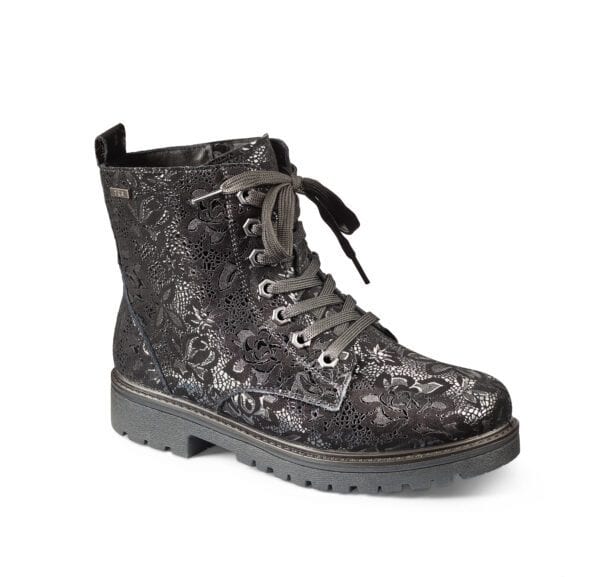 Vadderad damkänga i svart med blommönster och snörning.