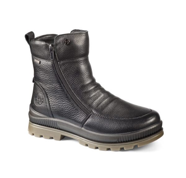 Lågskuren svart läderstövel med dragkedja och robust sula.