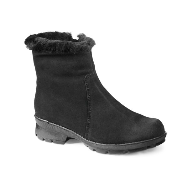 Svart vinterstövel med fuskpäls och gummisula för dam.
